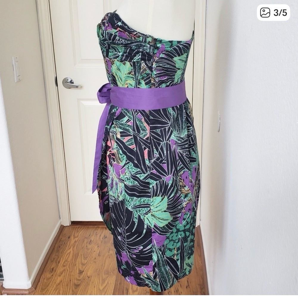 Edme & Esyltte Black Purple Leaf Strapless Dress 6 - Picture 3 of 5
